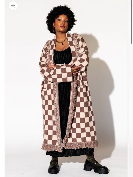 Dressed in LALA Jackets & Blazers - Luxe Fringe Blanket Cardigan in Neutral Check Deliciousness